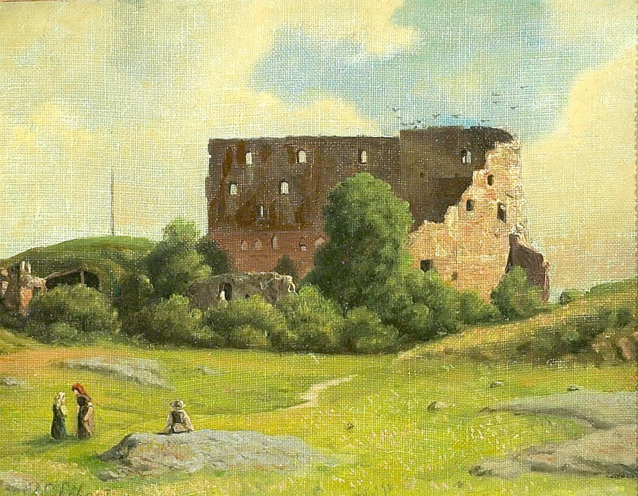 Paesaggio con un rudere e alcune persone